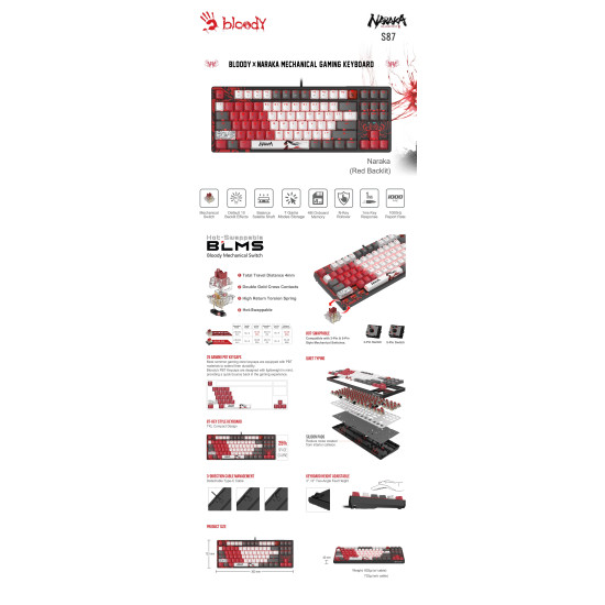 Клавиатура A4Tech Bloody Naraka S87 TKL, Red Switch