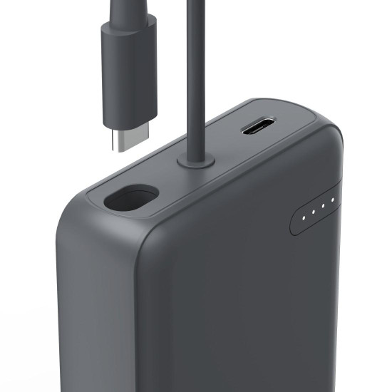 Външна батерия HAMA Travel с кабел, 10000mAh, 2 изхода: 2x USB-C, антрацит