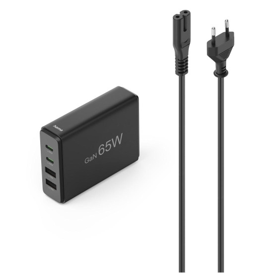 Зарядна станция HAMA 201979, 65W GaN, Fast Charger, 2x USB-C, 2x USB-A, PD