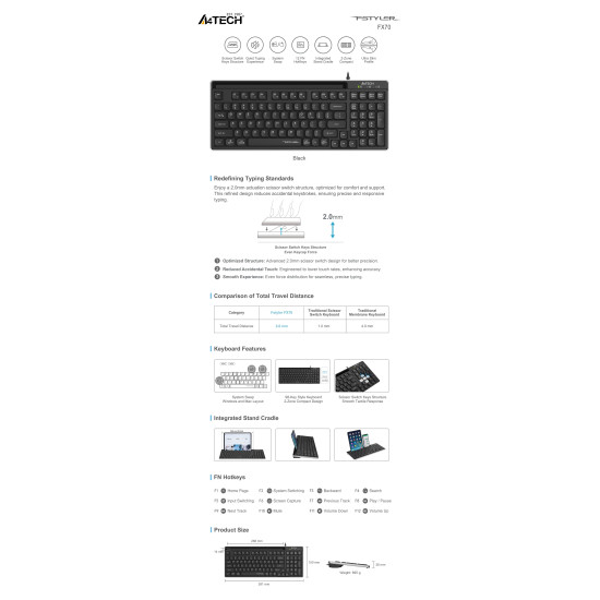 Клавиатура A4Tech Fstyler FX70, кирилизирана, Black