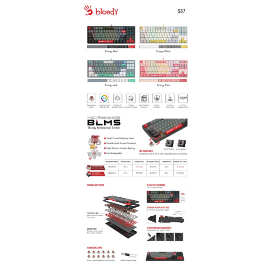 Клавиатура A4Tech Bloody Energy Pink S87 BLMS TKL, Red Switch, RGB, Pink