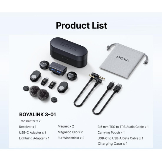 Микрофон BOYA BOYALINK 3-01, безжичен, Lightning/USB-C/3.5 mm