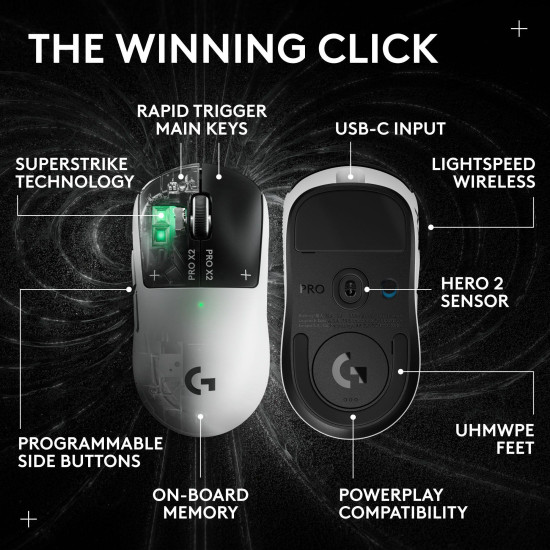 Безжична мишка Logitech G Pro X2 Superstrike, 44000 DPI, 8000Hz, Lunar Eclipse (910-007776)