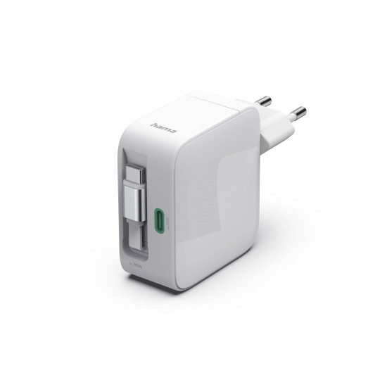 Зарядно HAMA 201956, 30W, GaN, 2x USB-C, с разтегателен кабел 0.7м, бял