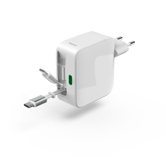 Зарядно HAMA 201956, 30W, GaN, 2x USB-C, с разтегателен кабел 0.7м, бял