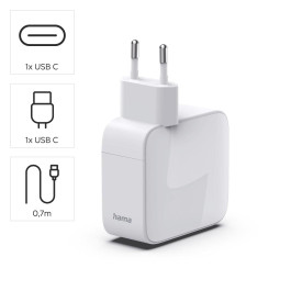 Зарядно HAMA 201956, 30W, GaN, 2x USB-C, с разтегателен кабел 0.7м, бял