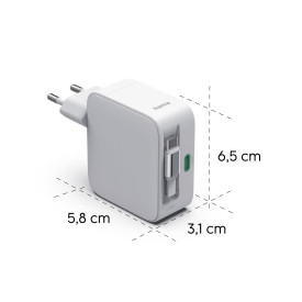 Зарядно HAMA 201956, 30W, GaN, 2x USB-C, с разтегателен кабел 0.7м, бял