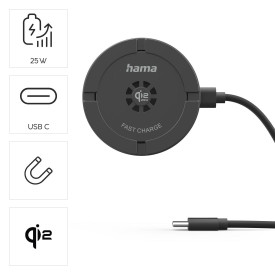 Безжично зарядно устройство HAMA, Qi2, 25W, бързо зареждане, Black