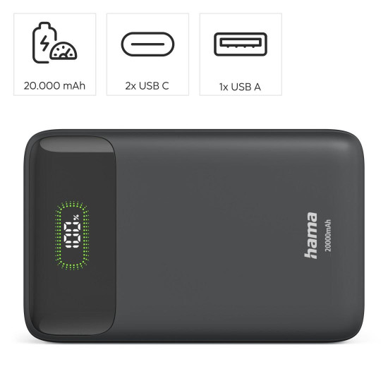 Външна батерия HAMA PD20-W20 201780, 20000 mAh, 2x USB-C, 1x USB-A, Fast Charging