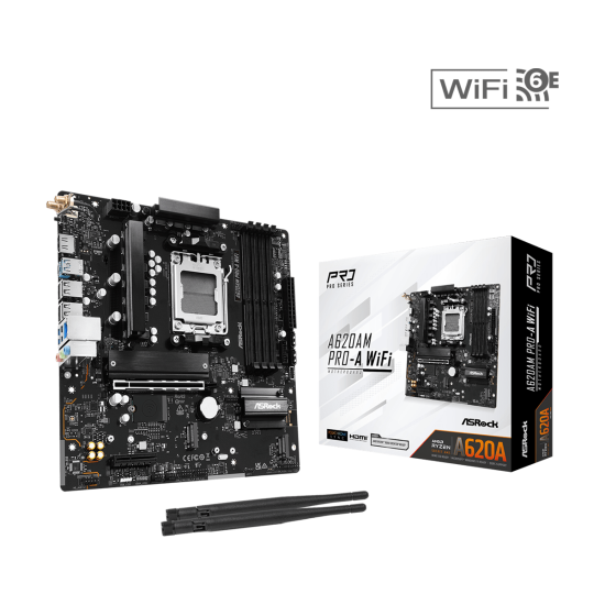 Дънна платка ASRock A620AM PRO-A WIFI, mATX, AM5, 4x DDR5, PCIe 4.0, Wi-Fi 6E