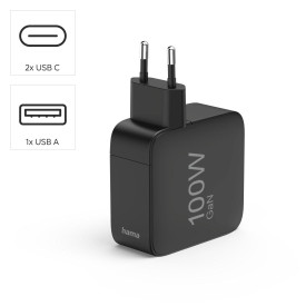 Зарядно HAMA, 100W, GaN, 2x USB-C, 1x USB-A, PD