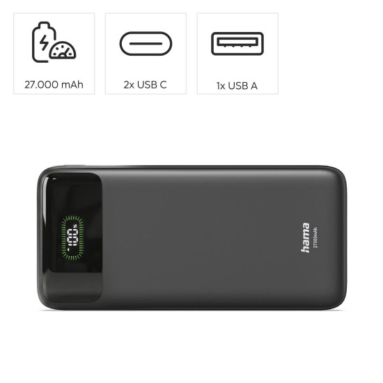 Външна батерия HAMA PD27-W65 201781, 27000 mAh, 2x USB-C, 1x USB-A, Fast Charging