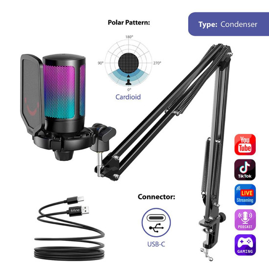 Микрофон FIFINE A6T, RGB, със стойка, Black