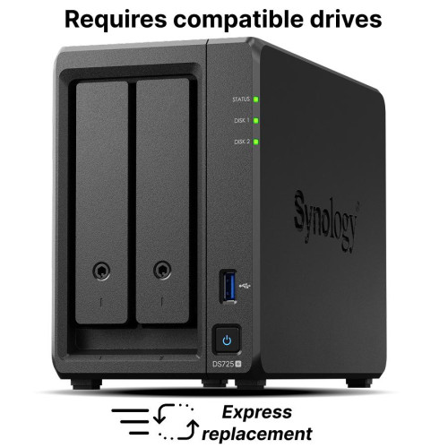 NAS устройство Synology DS725+, 2-Bay, AMD Ryzen R1600, 2GB DDR4