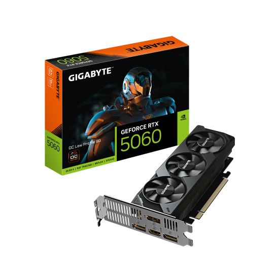 Видеокарта GIGABYTE RTX 5060 Low Profile OC, 8GB, GDDR7, 128-bit, PCI Express 5.0, 450W, DLSS 4.0, 1 x HDMI 2.1, 2 x DisplayPort 2.1