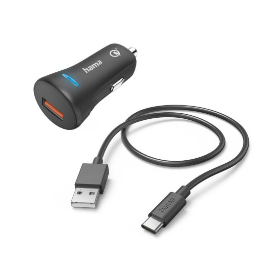 Зарядно за кола HAMA 201615, 12-24 V /USB-C 3A, Qualcomm Quick Charge 3.0, 19.5W+ кабел USB-C, 1 м, черен