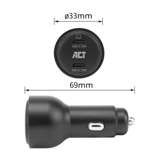 Зарядно ACT 2-port USB-C Fast Car AC221095W, 2x USB-C, PD, GAN, 12-24V