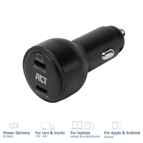 Зарядно ACT 2-port USB-C Fast Car AC221095W, 2x USB-C, PD, GAN, 12-24V
