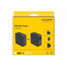 Зарядно Delock 41443, USB GaN Charger 2 x USB Type-C PD 3.0, 65W