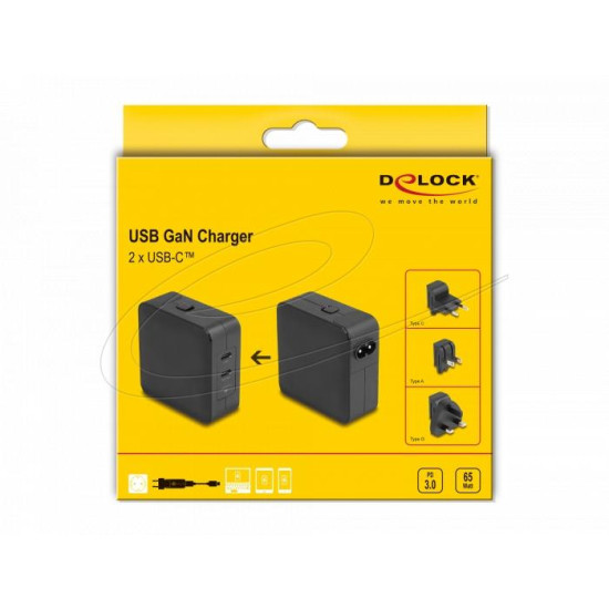 Зарядно Delock 41443, USB GaN Charger 2 x USB Type-C PD 3.0, 65W