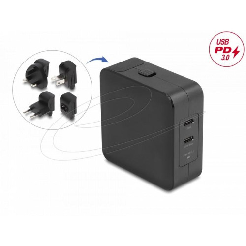 Зарядно Delock 41443, USB GaN Charger 2 x USB Type-C PD 3.0, 65W