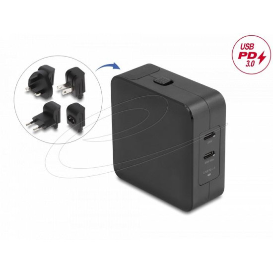 Зарядно Delock 41443, USB GaN Charger 2 x USB Type-C PD 3.0, 65W