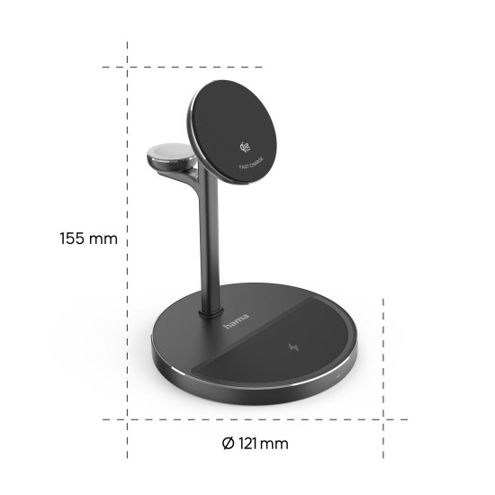 Безжична зарядна станция HAMA 3 в 1, Qi2, 15 W, Black