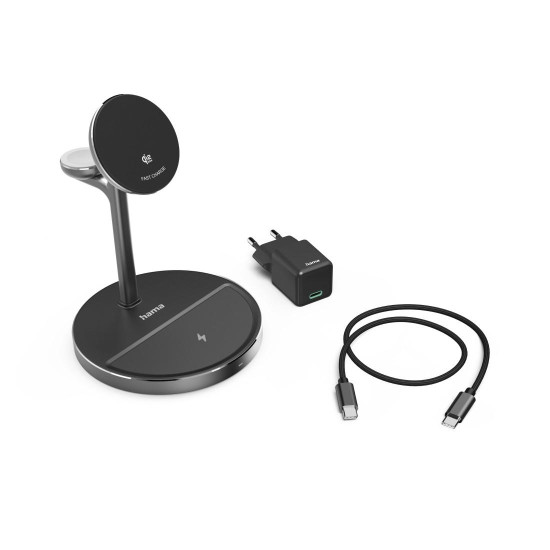 Безжична зарядна станция HAMA 3 в 1, Qi2, 15 W, Black