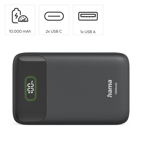 Външна батерия HAMA PD10-W20 201779, 10000 mAh, 2x USB-C, 1x USB-A, Fast Charging