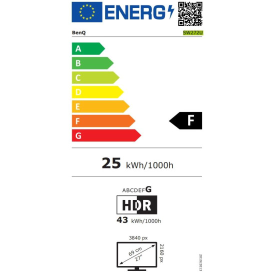 Монитор BenQ SW272U, 27 инча, IPS, UHD 3840 x 2160, 60Hz, 5ms, HDR10, HDMI/DP