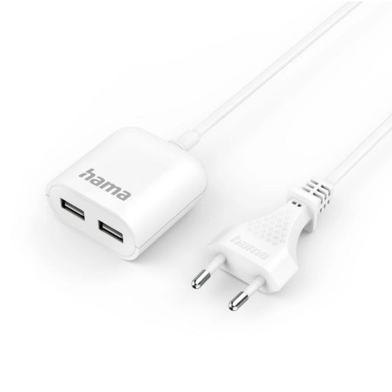 Зарядно Hama 223203, USB 1,9 м, 2,4 A, 2x USB-A, бяло