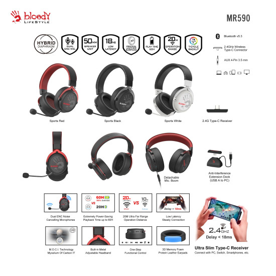 Безжични слушалки A4Tech Bloody МR-590, Bluetooth, 3.5mm, Red