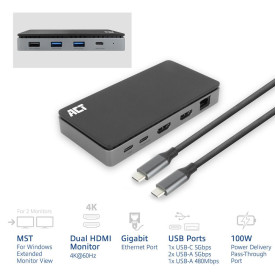 Докинг станция ACT AC7093, USB-C, 4K, 2x HDMI, Ethernet, 1x USB-C, 3x USB-A