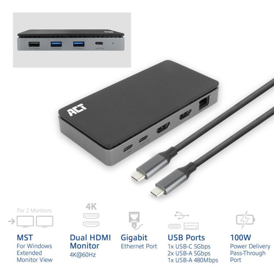 Докинг станция ACT AC7093, USB-C, 4K, 2x HDMI, Ethernet, 1x USB-C, 3x USB-A