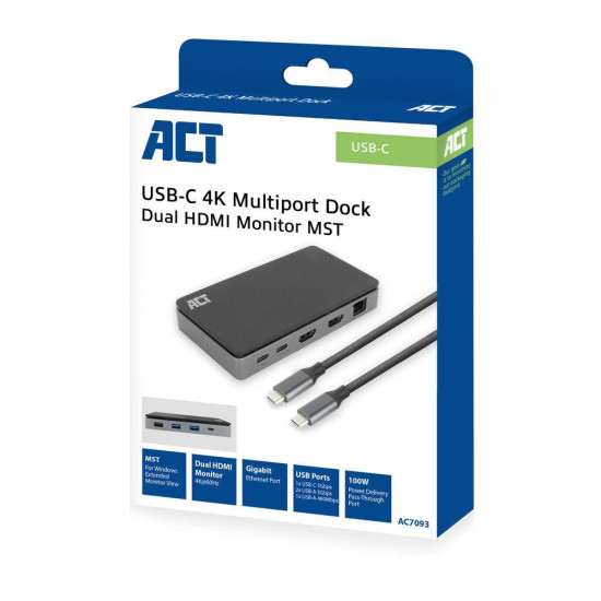 Докинг станция ACT AC7093, USB-C, 4K, 2x HDMI, Ethernet, 1x USB-C, 3x USB-A