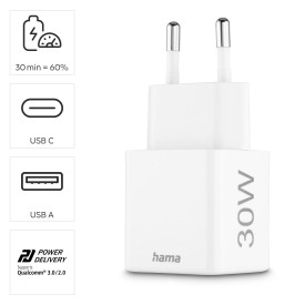 Зарядно HAMA 201992, GaN, 30W, 1x USB-C, 1x USB-A, PD, бял
