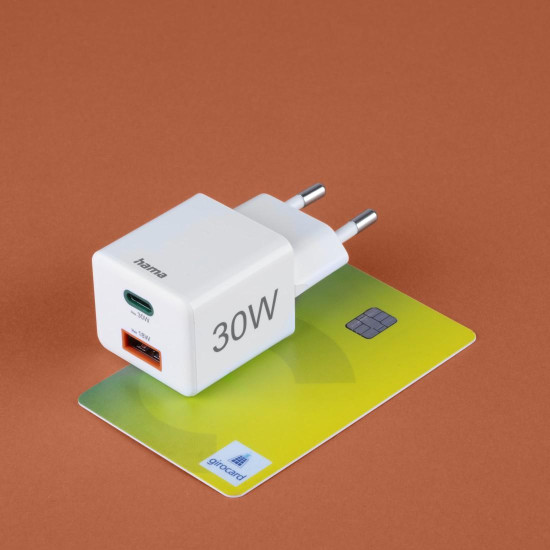 Зарядно HAMA 201992, GaN, 30W, 1x USB-C, 1x USB-A, PD, бял