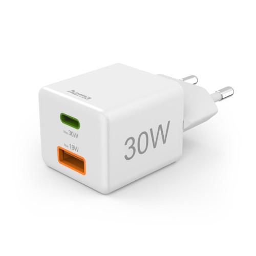 Зарядно HAMA 201992, GaN, 30W, 1x USB-C, 1x USB-A, PD, бял