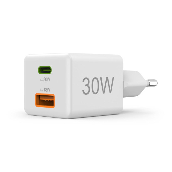 Зарядно HAMA 201992, GaN, 30W, 1x USB-C, 1x USB-A, PD, бял