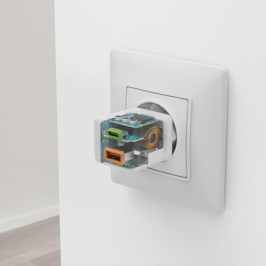 Зарядно HAMA 201992, GaN, 30W, 1x USB-C, 1x USB-A, PD, бял