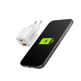 Зарядно HAMA 201992, GaN, 30W, 1x USB-C, 1x USB-A, PD, бял