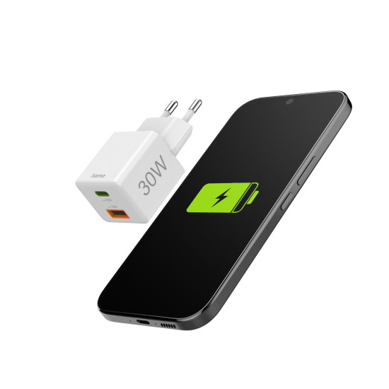 Зарядно HAMA 201992, GaN, 30W, 1x USB-C, 1x USB-A, PD, бял