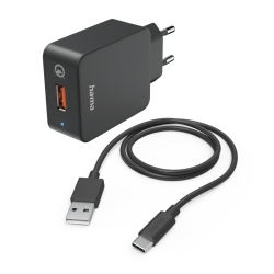 Зарядно HAMA 201625, 220V, USB-C, Qualcomm, Quick Charge, 19.5W, Вкл. кабел, Черен