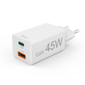 Зарядно HAMA 201993, 45 W, 1x USB-C - 1x USB-A, PD, бяло