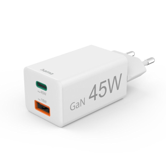 Зарядно HAMA 201993, 45 W, 1x USB-C - 1x USB-A, PD, бяло