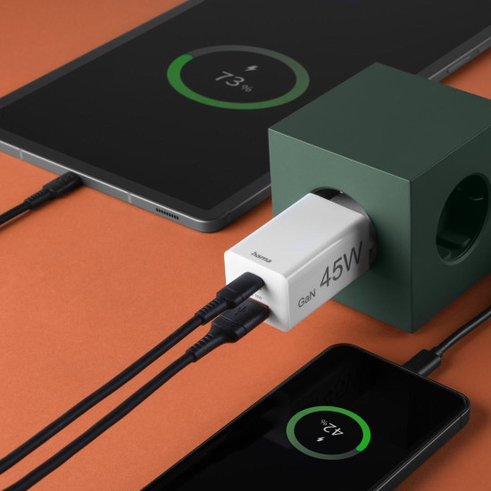 Зарядно HAMA 201993, 45 W, 1x USB-C - 1x USB-A, PD, бяло