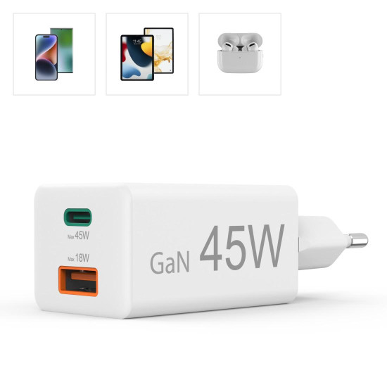 Зарядно HAMA 201993, 45 W, 1x USB-C - 1x USB-A, PD, бяло