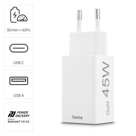 Зарядно HAMA 201993, 45 W, 1x USB-C - 1x USB-A, PD, бяло