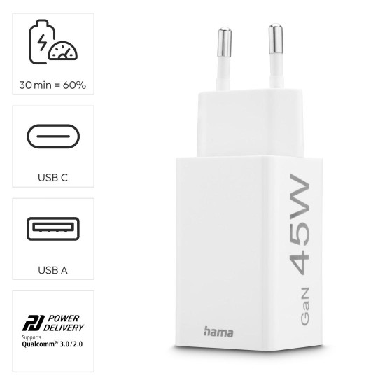 Зарядно HAMA 201993, 45 W, 1x USB-C - 1x USB-A, PD, бяло