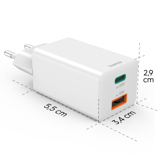 Зарядно HAMA 201993, 45 W, 1x USB-C - 1x USB-A, PD, бяло